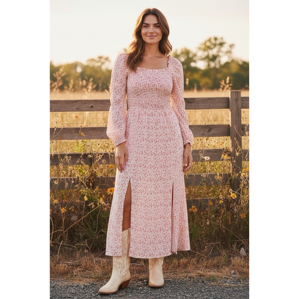 River Island Anthropologie Size 10 Floral Tiered Smocked Peasant MIDI Dress